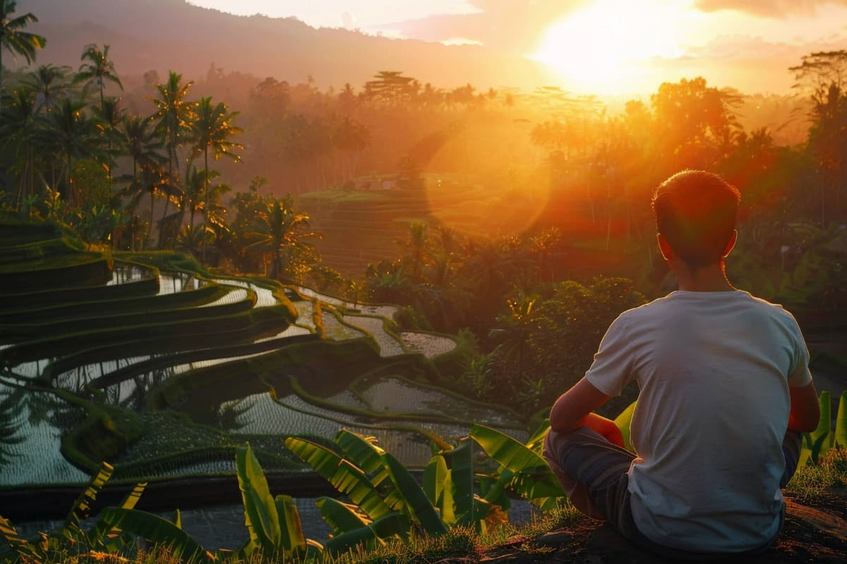 Person sitting and watching sunrise over Bali rice terraces, surrounded by palm trees and quiet nature.